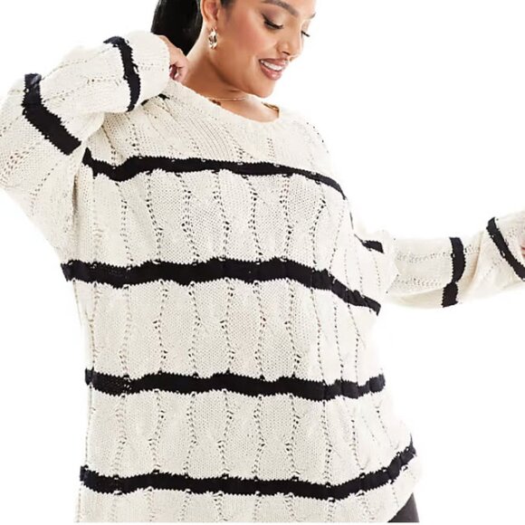 ZARA Black White Chunky Knit Cable Striped Sweater Cozy Pullover - Picture 1 of 16
